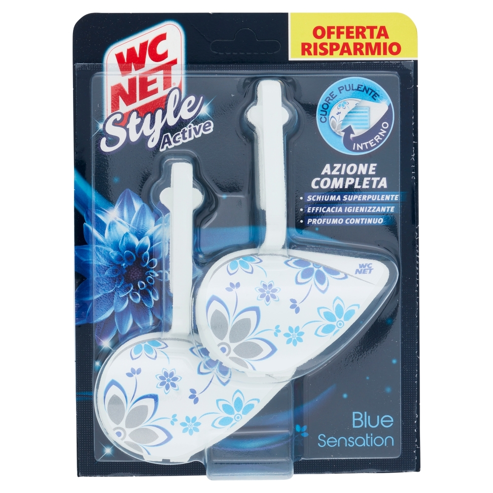 Wc Net - Tavoletta Style Active, Detergente Igienizzante Solido per WC, Blue Sensation, 2 Pezzi